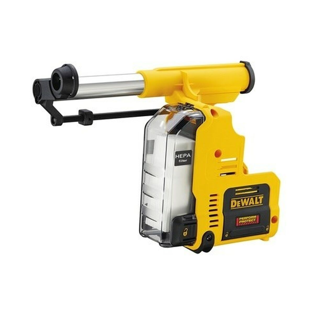 Gelbe und schwarze Dewalt-Staubsauger-Aufsatz mit HEPA-Filter und transparentem Behälter.