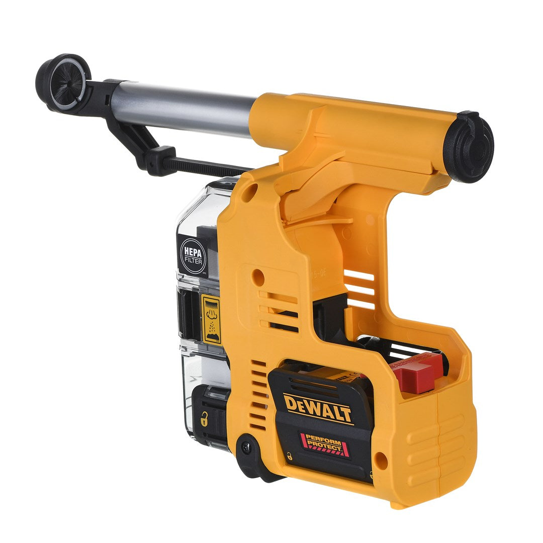 Gelber Dewalt Staubabsaugaufsatz mit HEPA-Filter und transparentem Behälter.