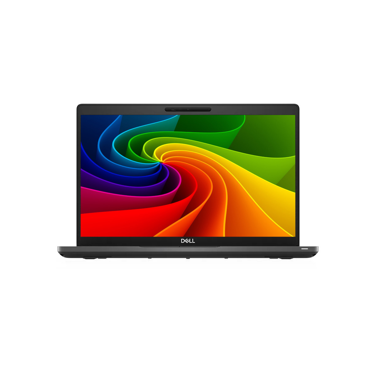 Ein geöffneter Dell Laptop mit einem bunten, wirbelnden Hintergrundbild auf dem Bildschirm.