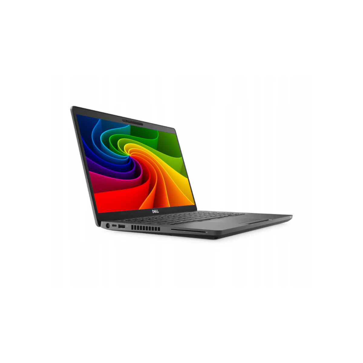 Ein graues Dell-Notebook mit einem Regenbogen-Hintergrundbild auf dem Bildschirm.
