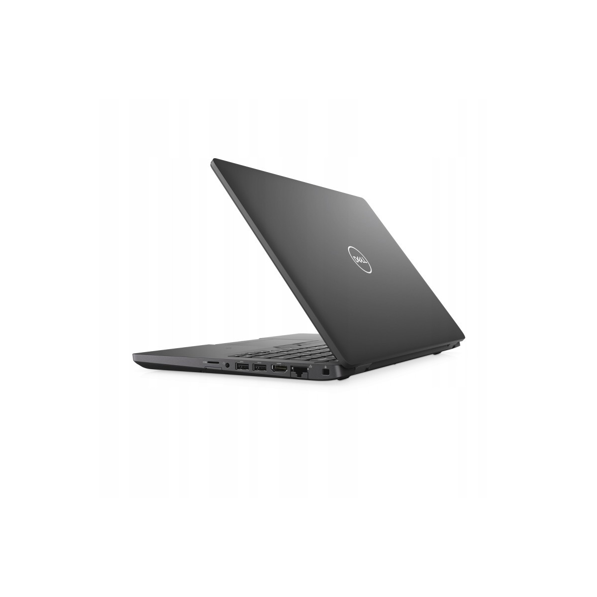 Ein geschlossener schwarzer Dell Laptop mit geöffnetem Bildschirm, auf weißem Hintergrund.