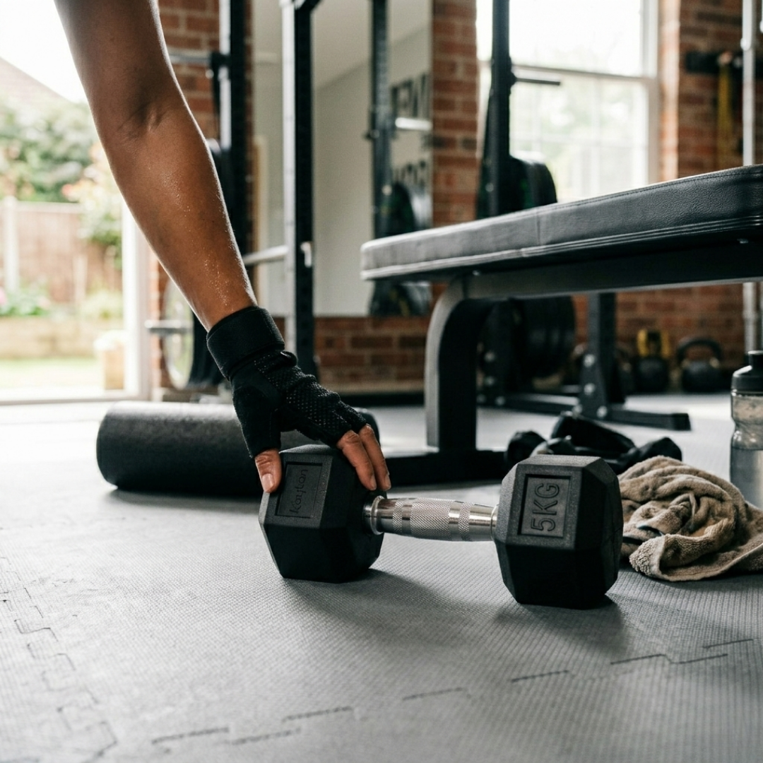 Eine Hand in einem Trainingshandschuh greift nach einer 5-kg-Hantel auf einem Fitnessstudioboden.