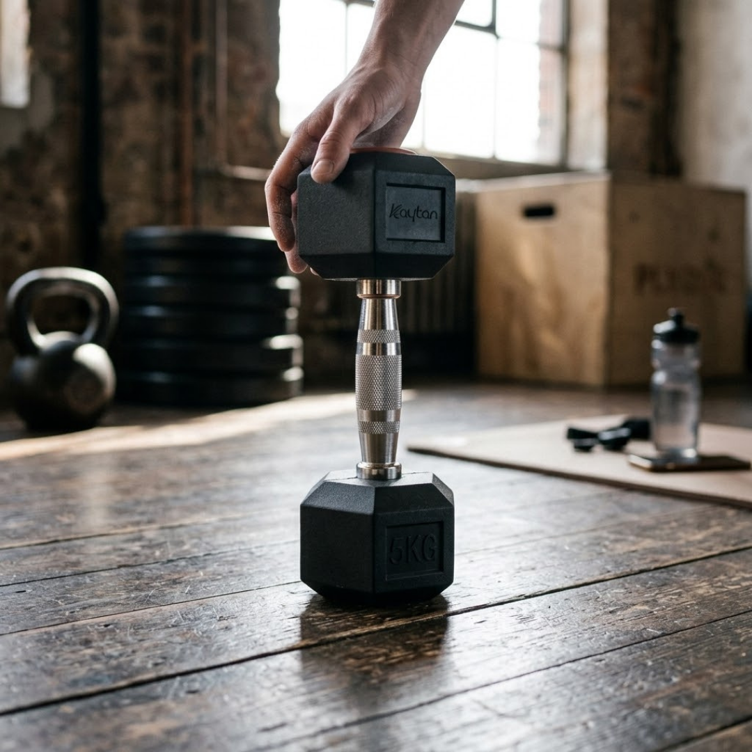 Eine Hand hält eine Hantel mit 5 kg Gewicht in einem Fitnessstudio.