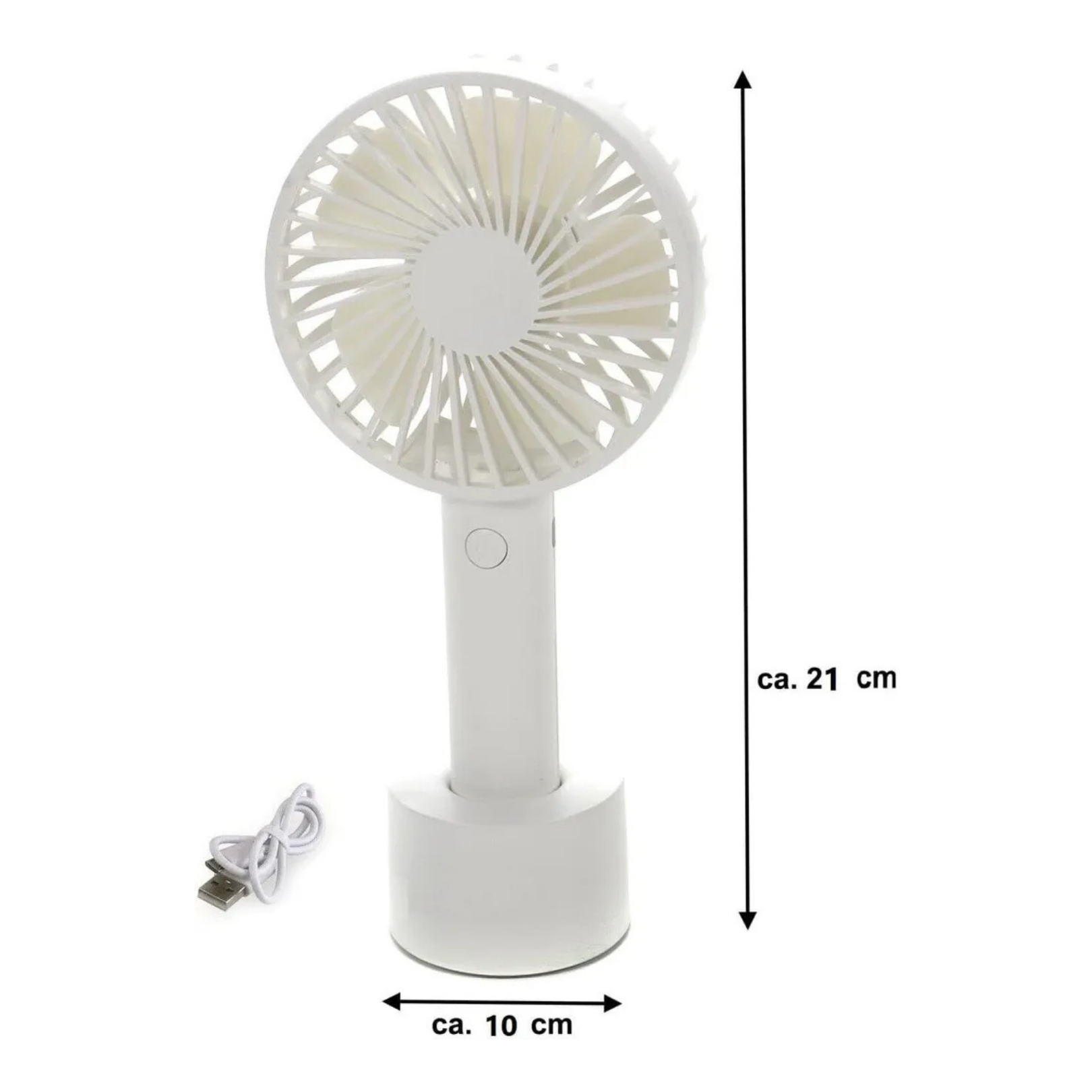Ein weißer Handventilator mit USB-Kabel und Ladebasis. Ca. 21cm hoch.