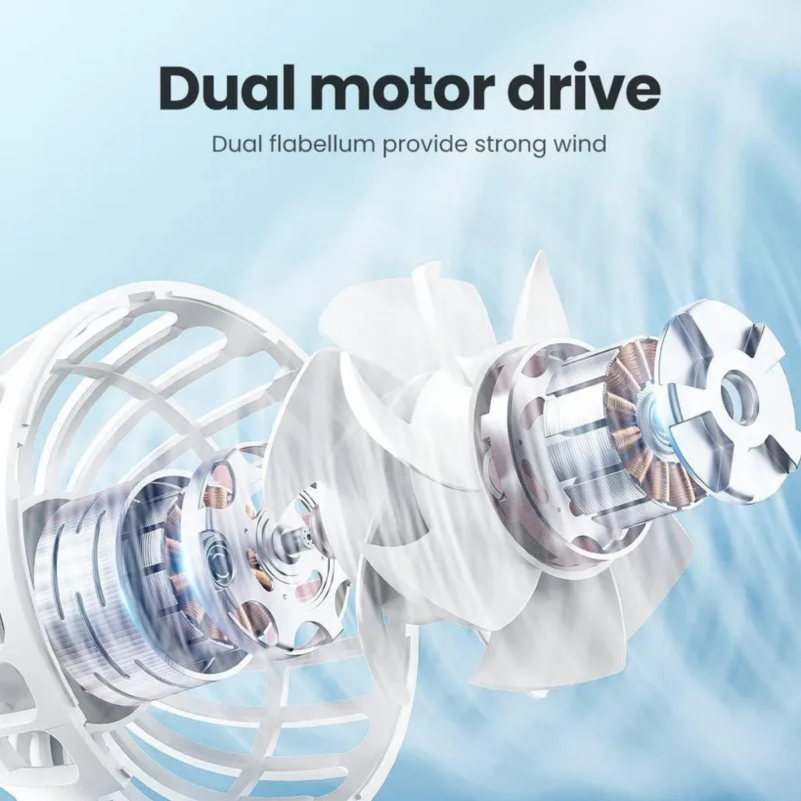 Detailansicht eines doppelten Motors und Lüfterflügels mit blauem Hintergrund.