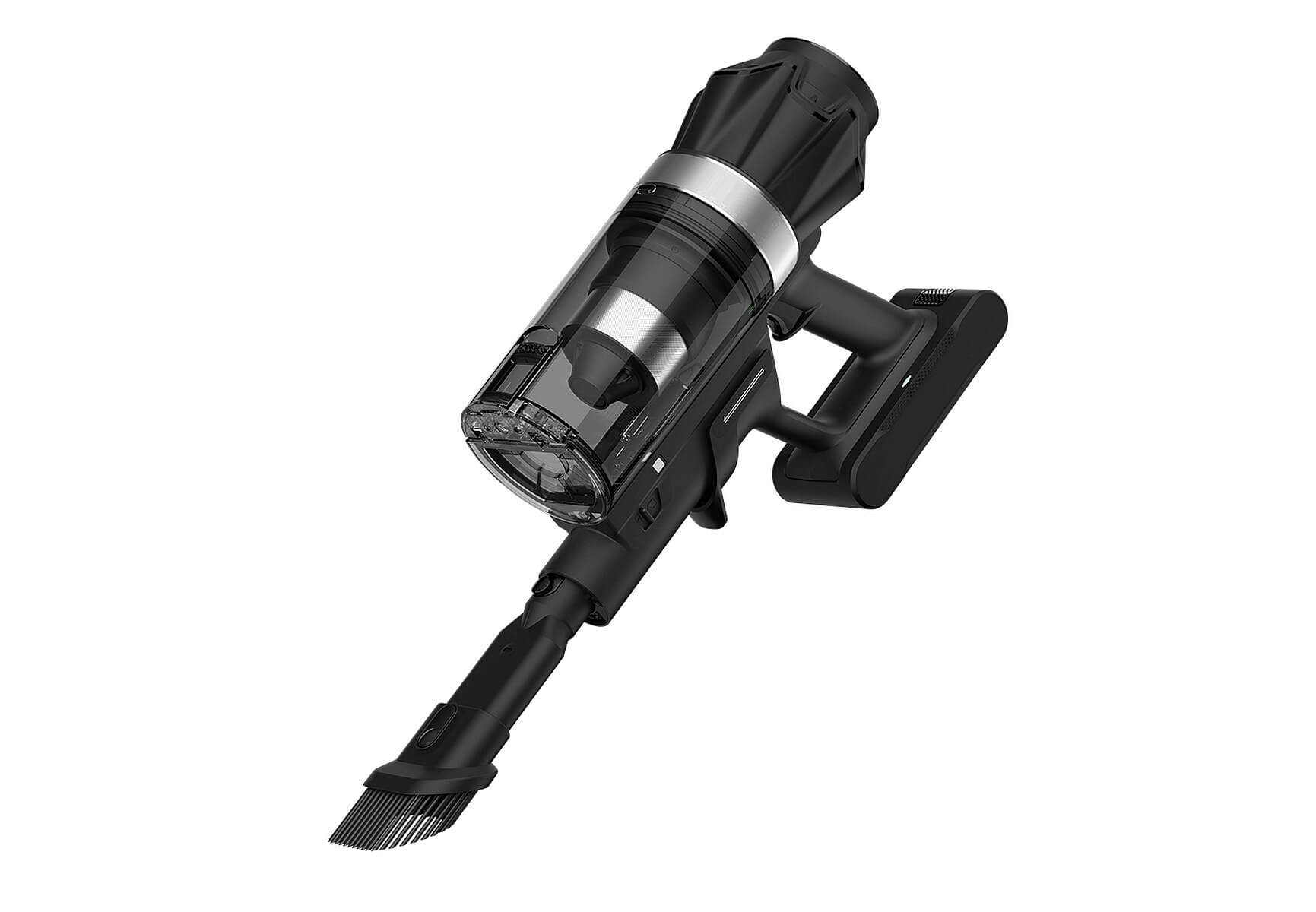 Aspirateur sans fil noir avec réservoir transparent et embout brosse.