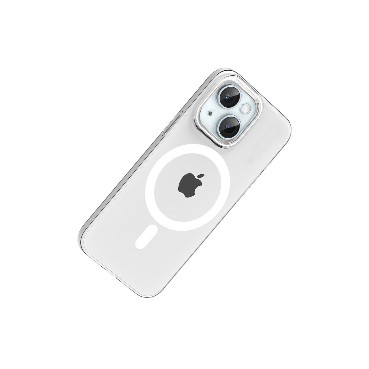 Apple logosu ve MagSafe halkası gösteren şeffaf telefon kılıfı.