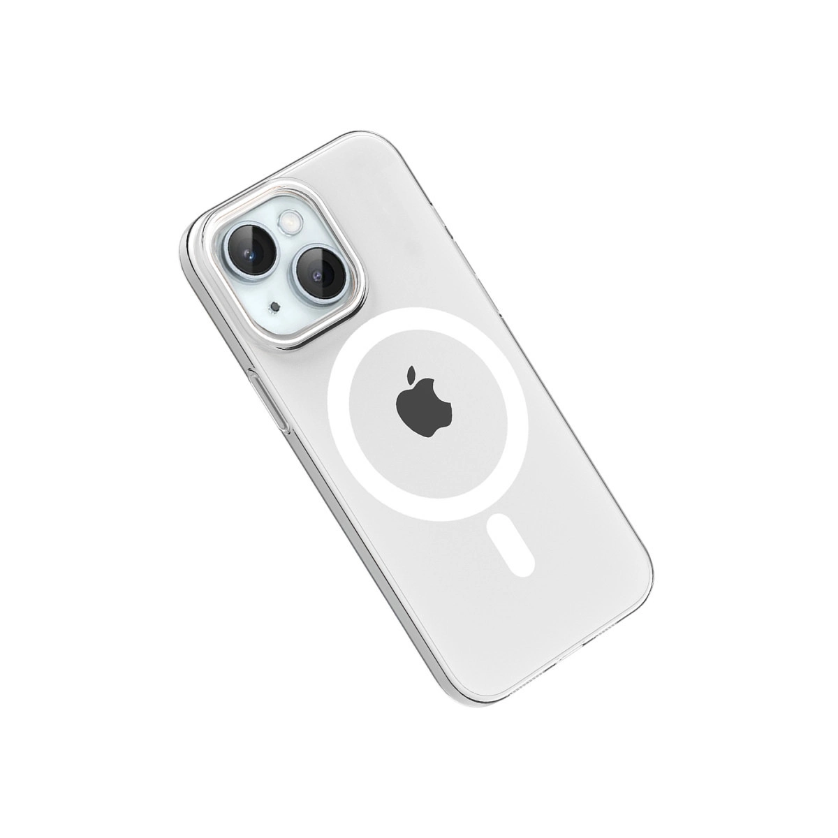 Apple logosu ve MagSafe halkası olan şeffaf telefon kılıfı.