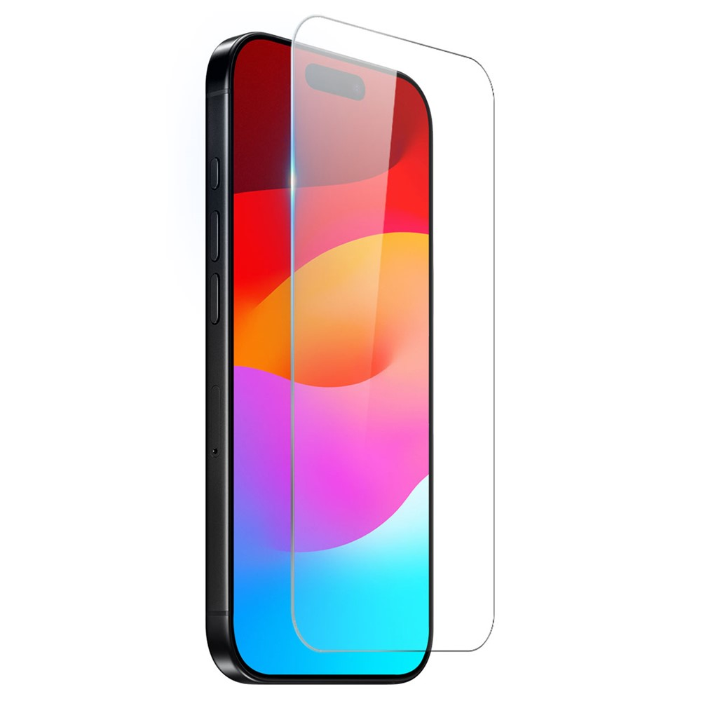 Ein schwarzes Smartphone mit einem Displayschutz aus Glas, das auf den Bildschirm gelegt wird.