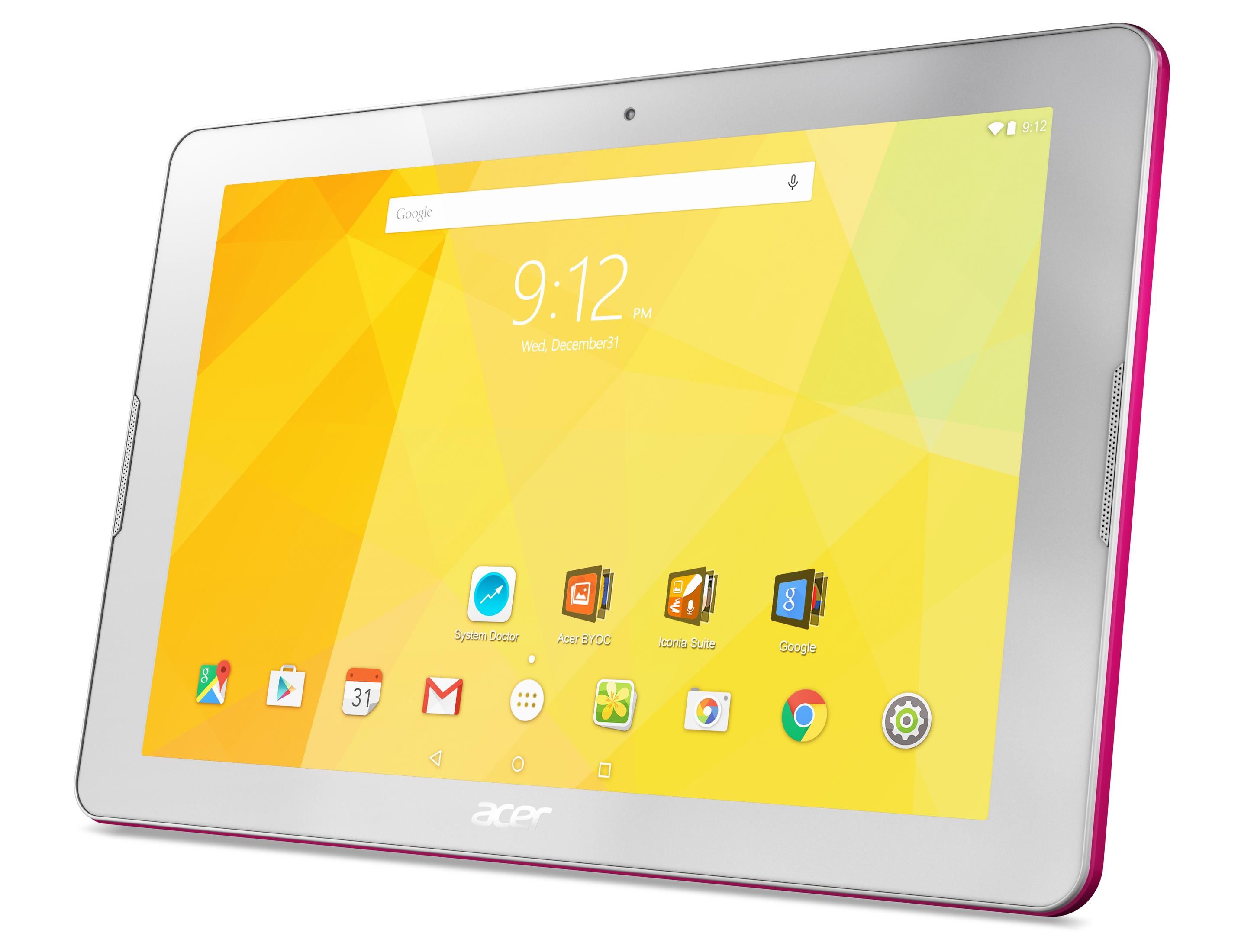 Ein silbernes Acer-Tablet mit pinkem Rand zeigt ein gelb-grünes abstraktes Hintergrundbild. Symbole für Google, Kalender, Mail und Kamera sind sichtbar.