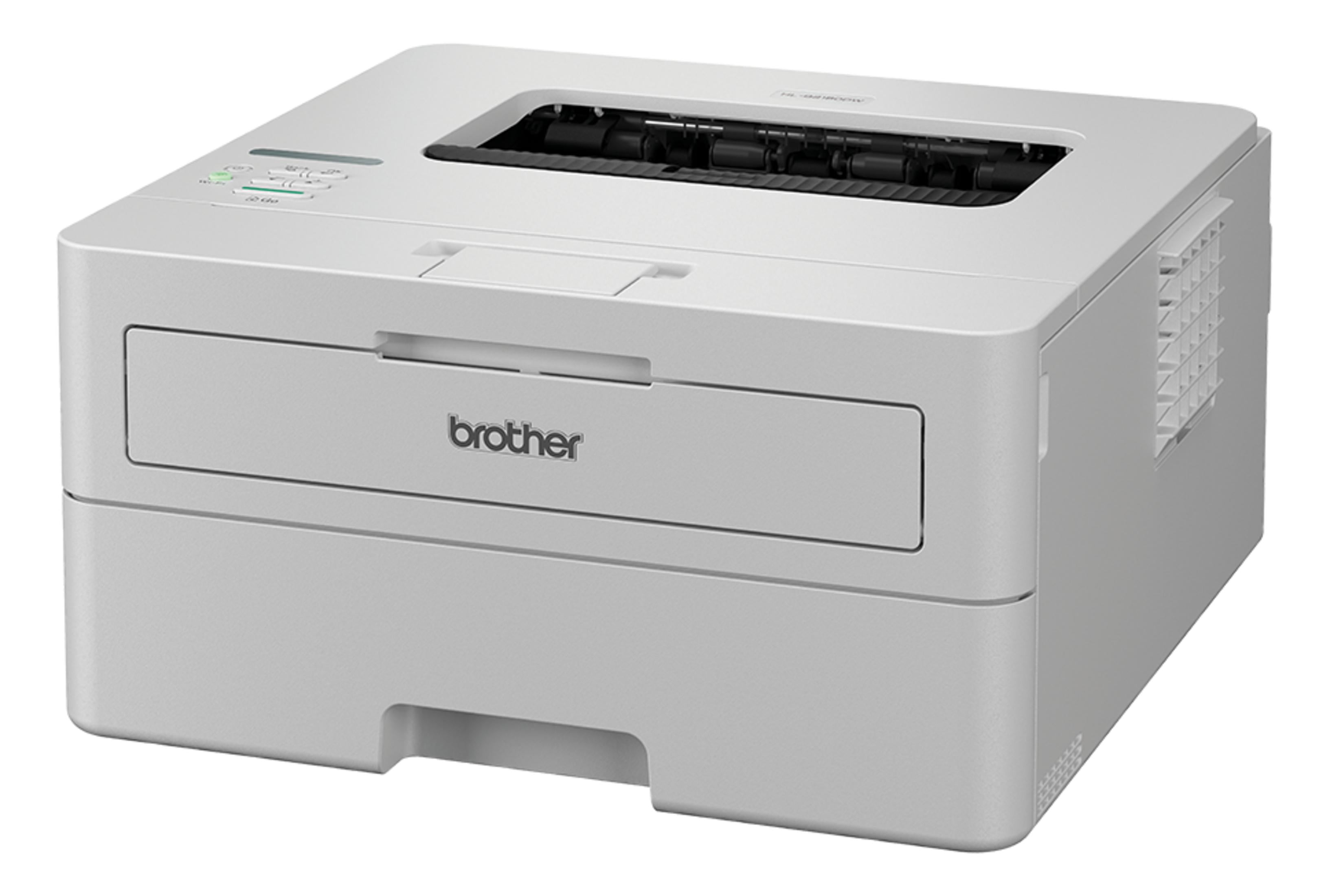 Una stampante laser Brother bianca è mostrata su sfondo bianco, con vassoio di uscita visibile.