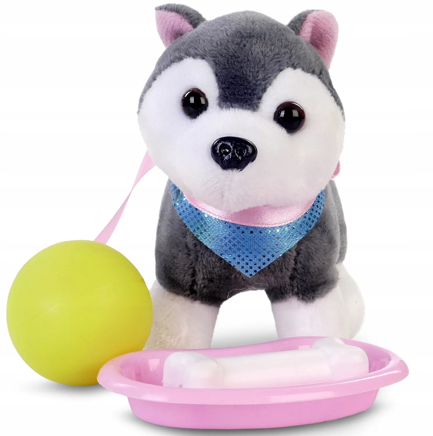 Pluszowy husky z niebieską obrożą, żółtą piłką i kością w różowej miseczce.