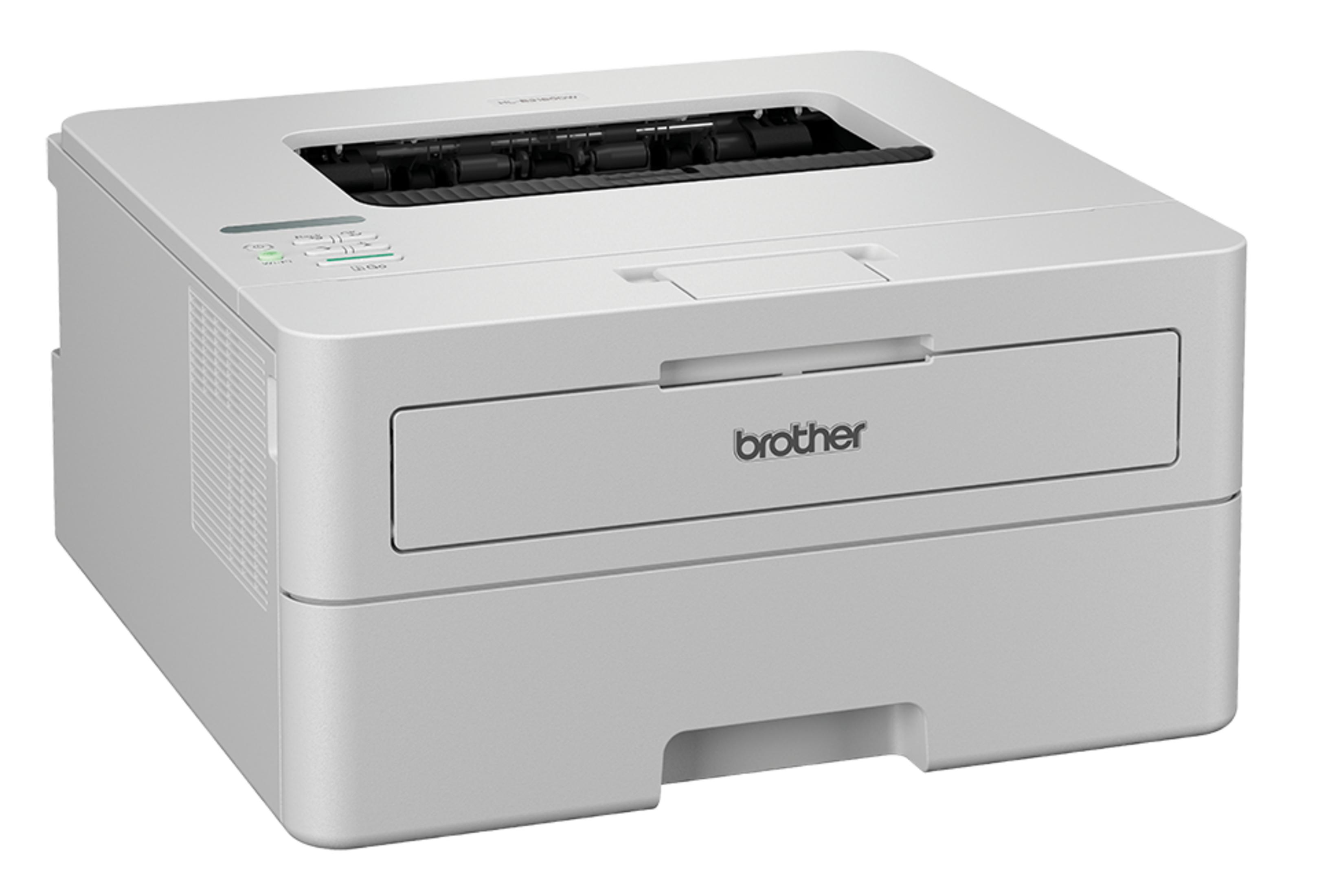 Una stampante laser Brother bianca con logo.