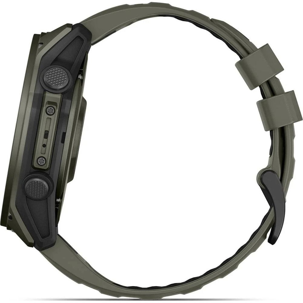 Orologio smart verde con pulsanti e cinturino di profilo.