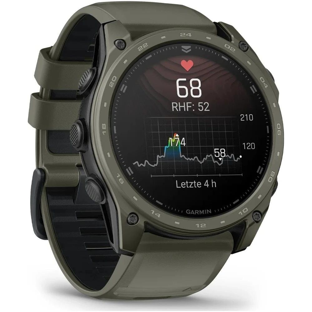 Smartwatch Garmin verde mostra battiti cardiaci 68 bpm, RHF 52 e grafico battiti.