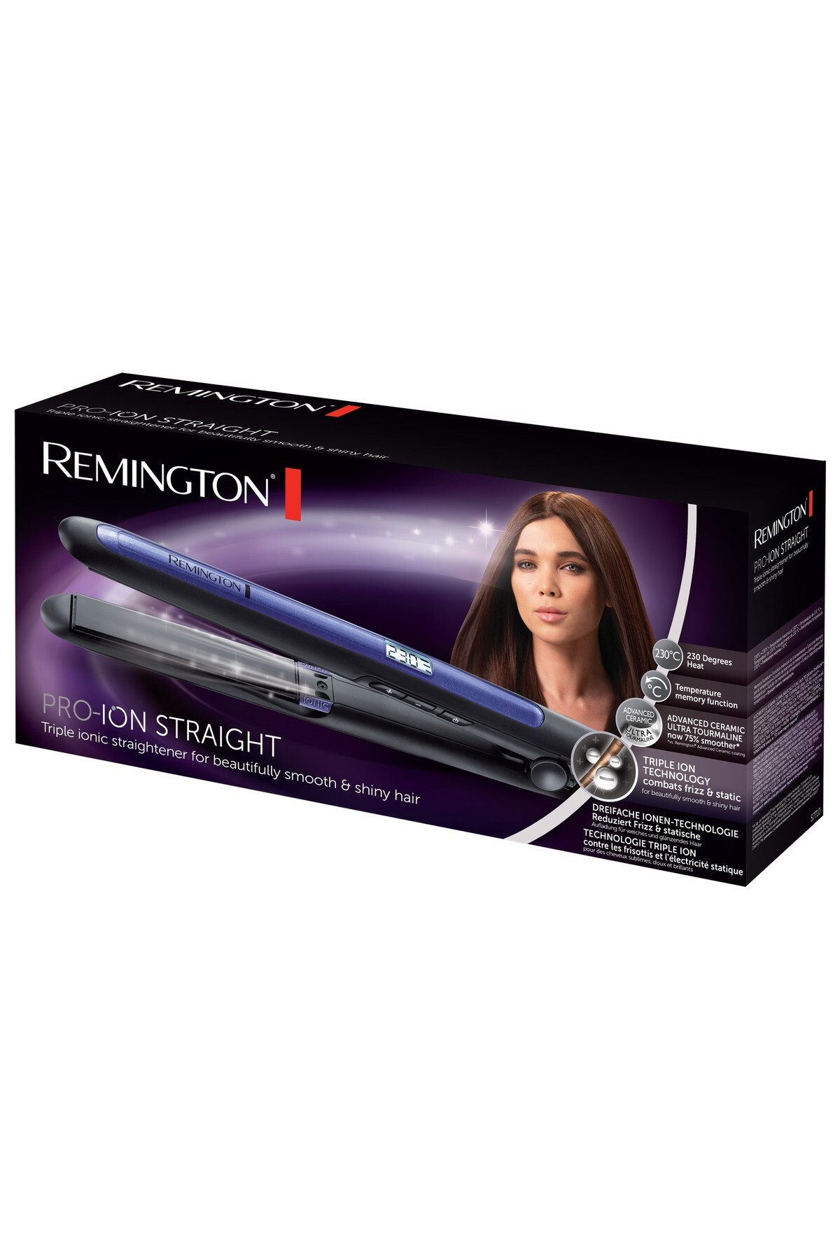 Confezione piastra Remington Pro-Ion Straight con donna e prodotto.