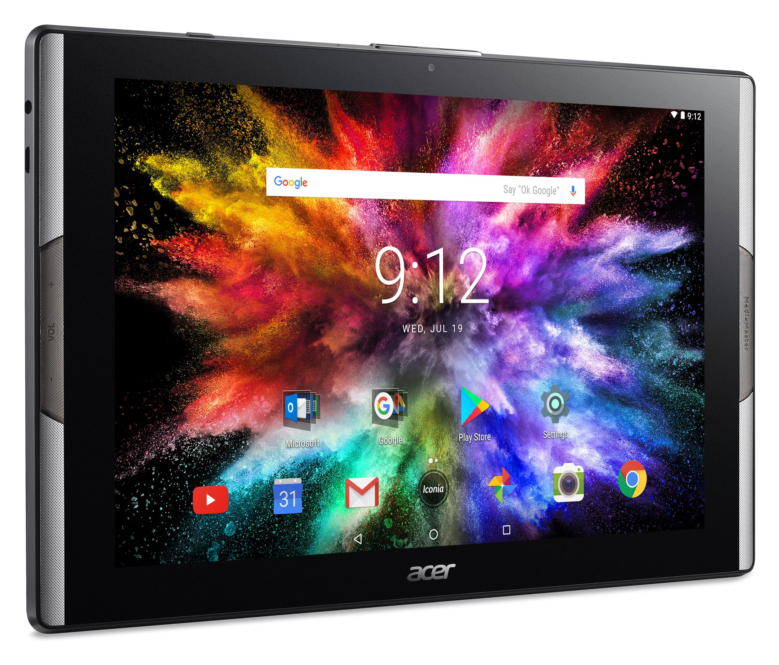 Ein Tablet mit einem bunten Hintergrundbild und App-Symbolen.
