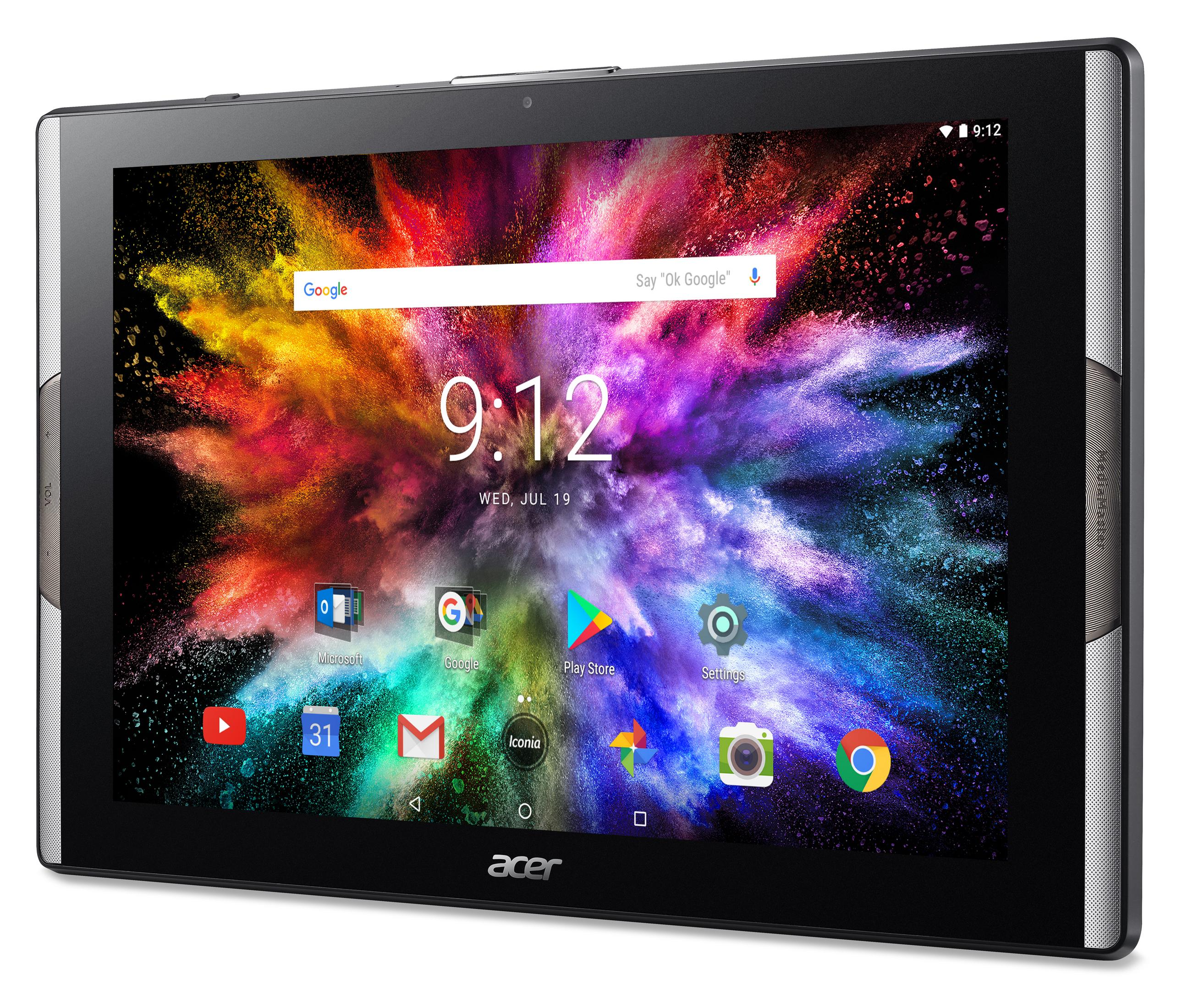 Ein Acer-Tablet zeigt ein buntes Explosions-Hintergrundbild mit App-Symbolen und einer Google-Suchleiste.