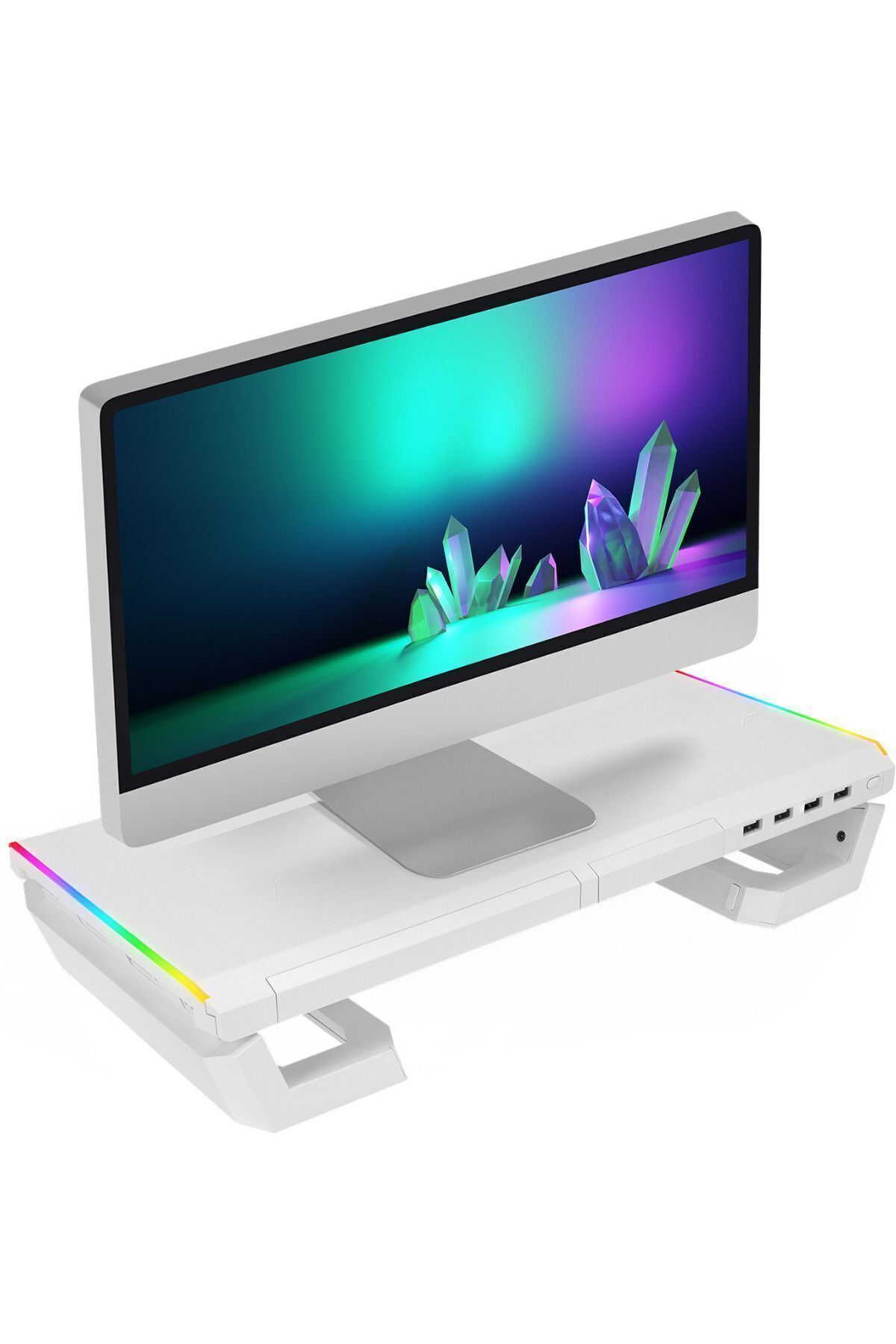 RGB aydınlatmalı beyaz bir stant üzerinde beyaz bir monitör.