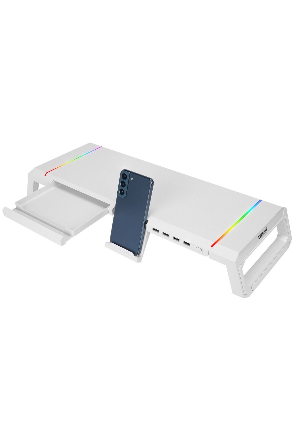 Telefon tutuculu, çekmeceli ve RGB aydınlatmalı beyaz monitör standı.