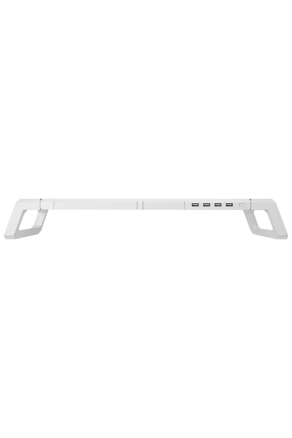 Dört USB bağlantı noktasına ve iki ayağa sahip beyaz dizüstü bilgisayar standı.