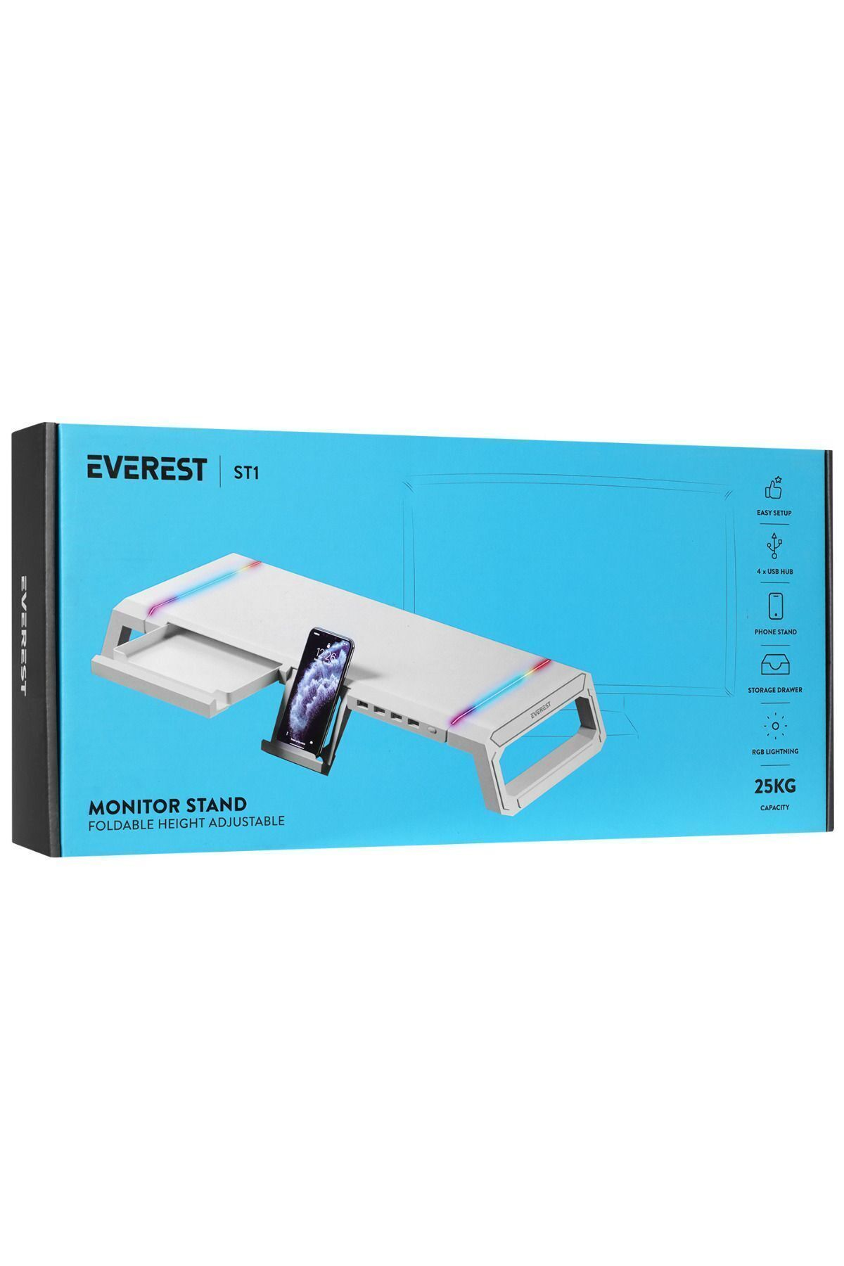 Telefon tutuculu, RGB aydınlatmalı ve çekmeceli Everest ST1 monitör standı.