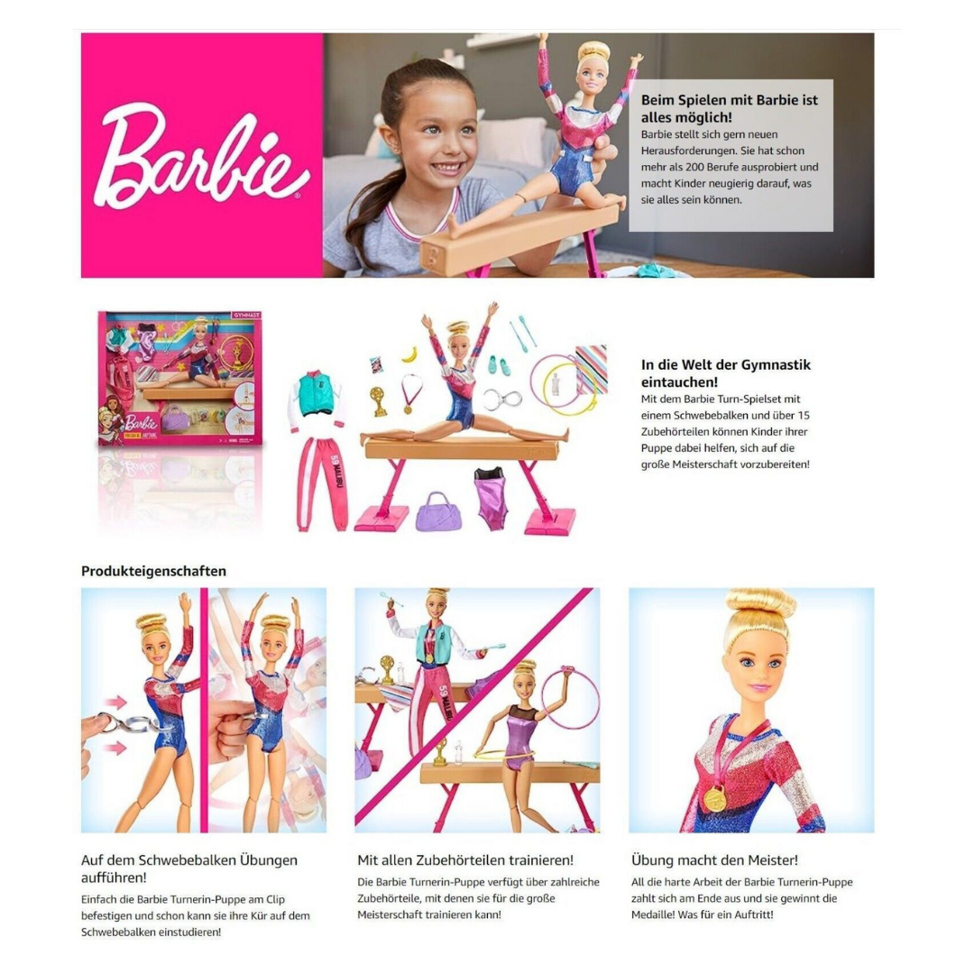 Barbie-Turnspielset mit Schwebebalken, Puppe, Kleidung und Zubehör für gymnastische Übungen.