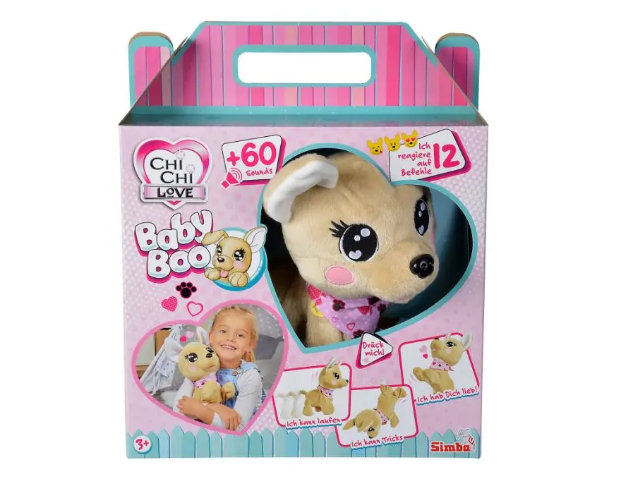 Opakowanie zabawki Chi Chi Love Baby Boo z psem i dziewczynką.