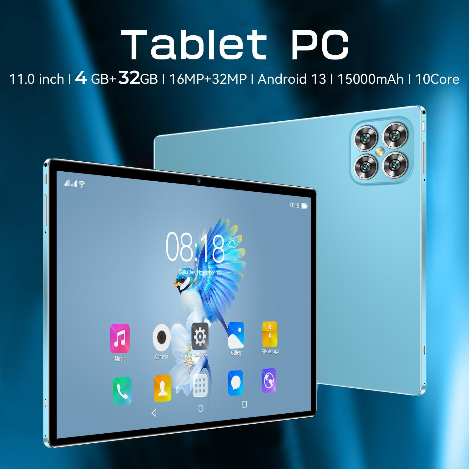 Ein hellblaues Tablet mit vier Kameras auf der Rückseite und einer Bildschirmanzeige.