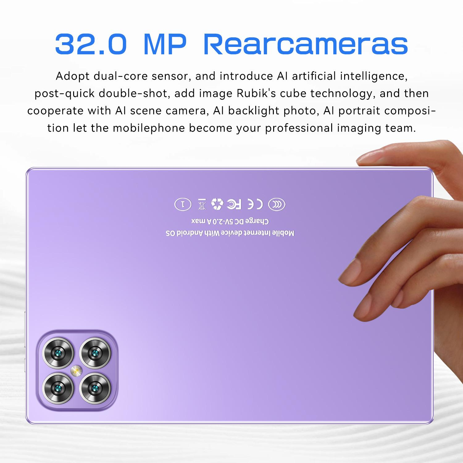 Rückkamera mit 32 MP an einem lila Smartphone, gehalten von einer Hand.