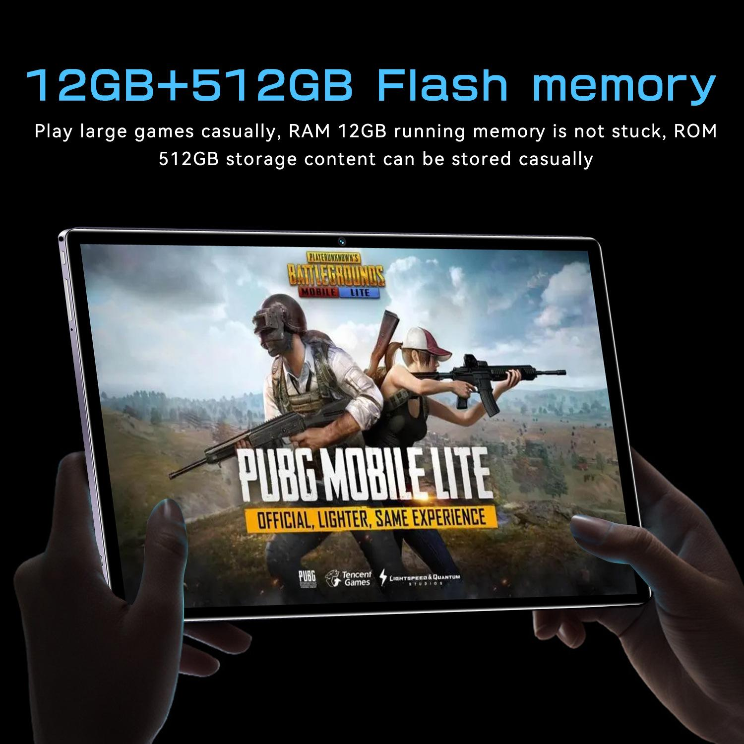 Hände halten Tablet mit PUBG Mobile Lite Spiel. Text: 12GB+512GB Flash-Speicher.