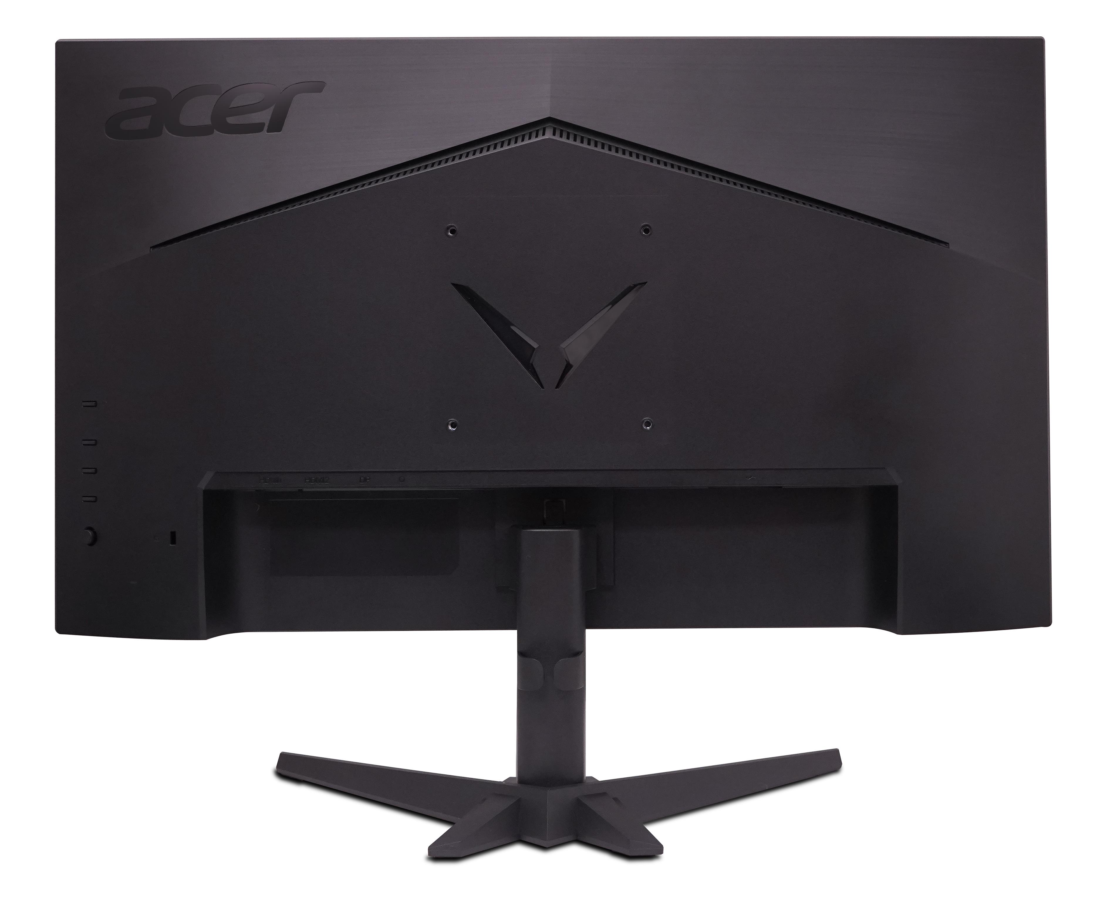 Acer logosu ve V şeklinde tasarıma sahip siyah monitörün arkası.