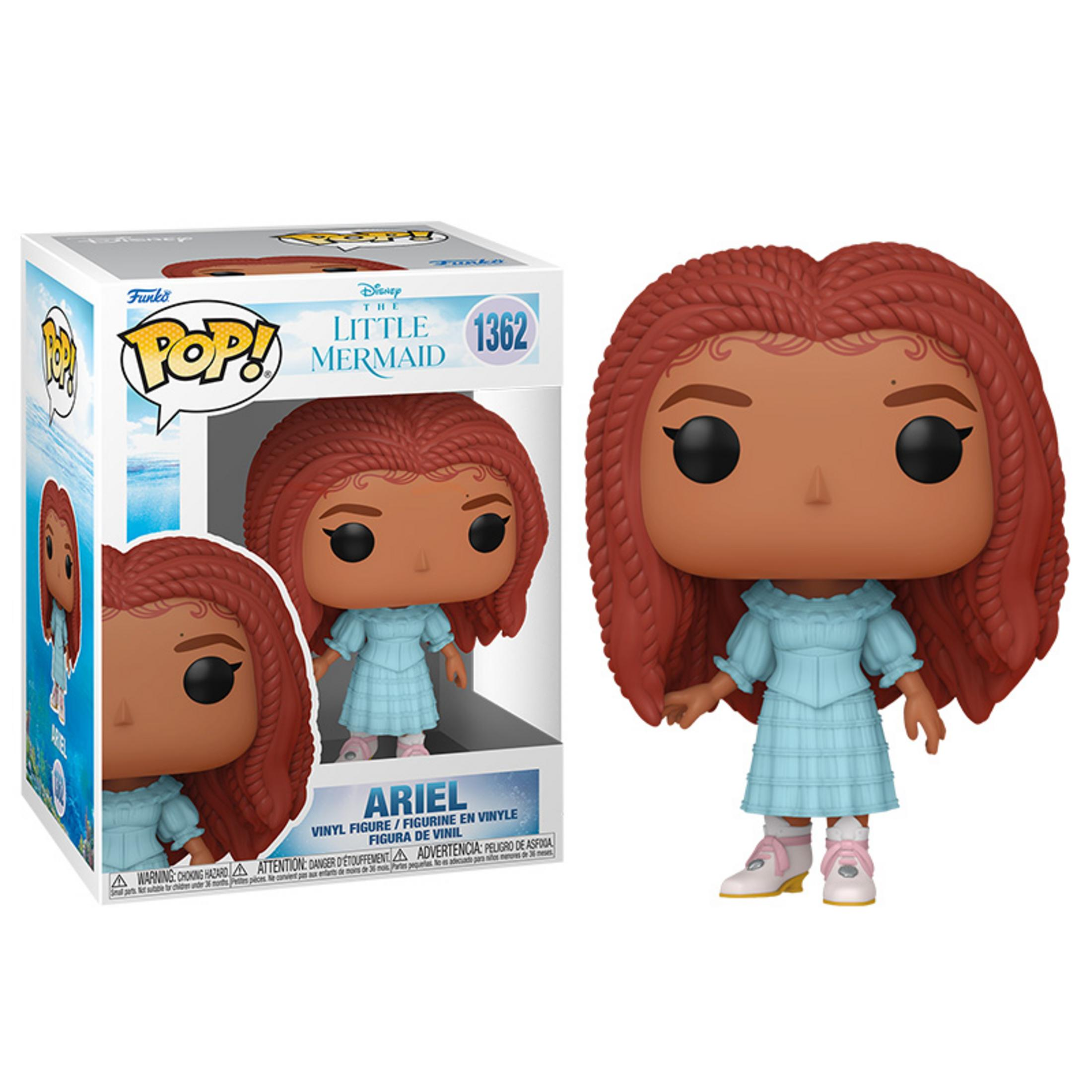 Statua Funko Pop! di Ariel in abito azzurro, accanto alla sua scatola.