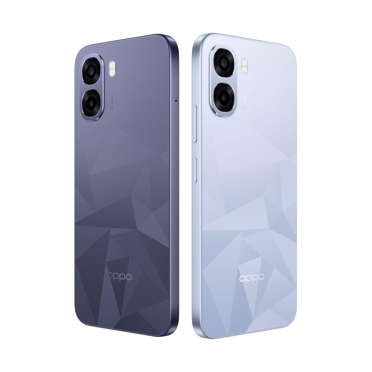 Dos smartphones Oppo, uno morado y otro azul claro, con patrón geométrico.