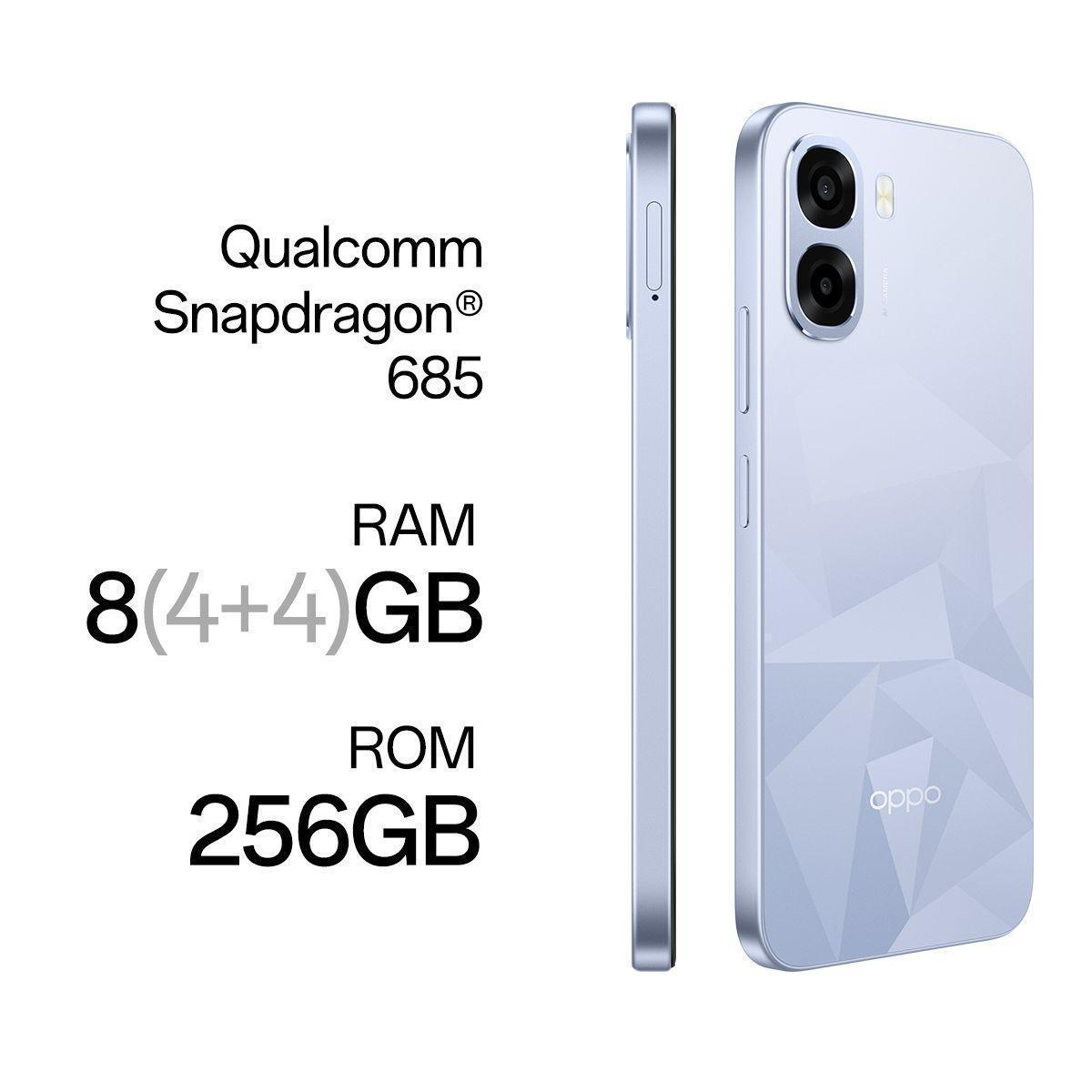 Smartphone OPPO azul claro con Snapdragon 685, 8 GB de RAM y 256 GB de almacenamiento.