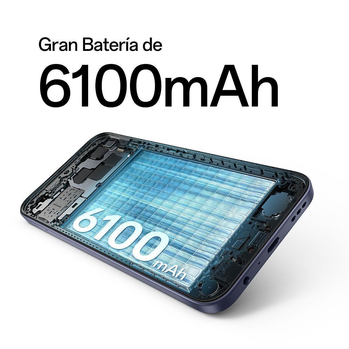 Un smartphone con la carcasa abierta, mostrando una batería de 6100 mAh.
