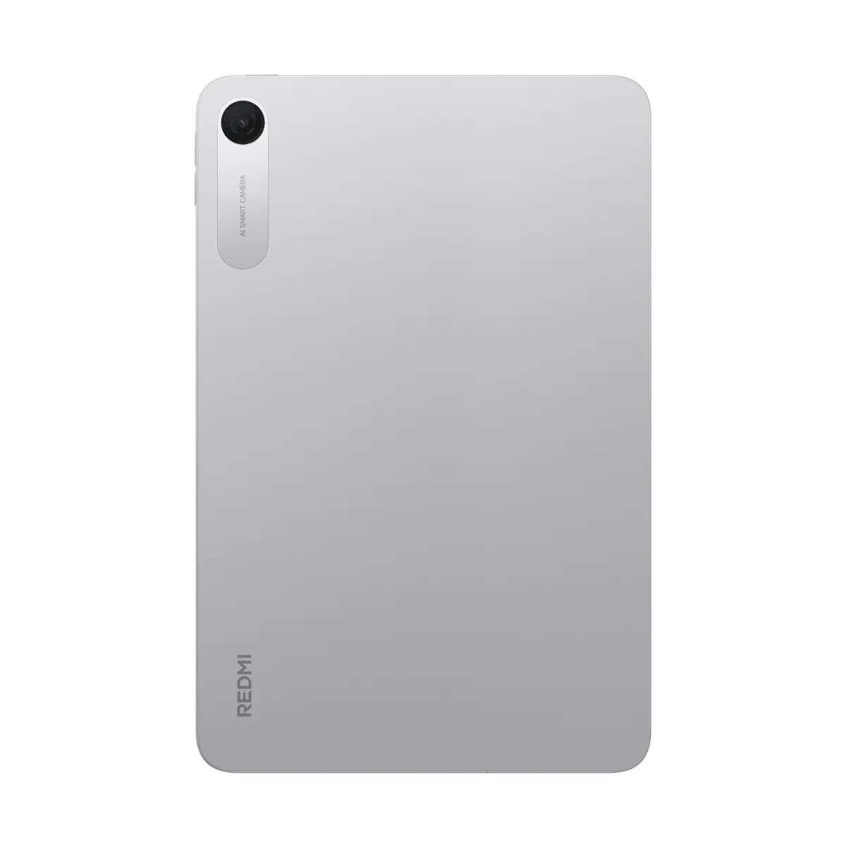 Vista trasera de tableta Redmi plateada con cámara inteligente IA y logo.