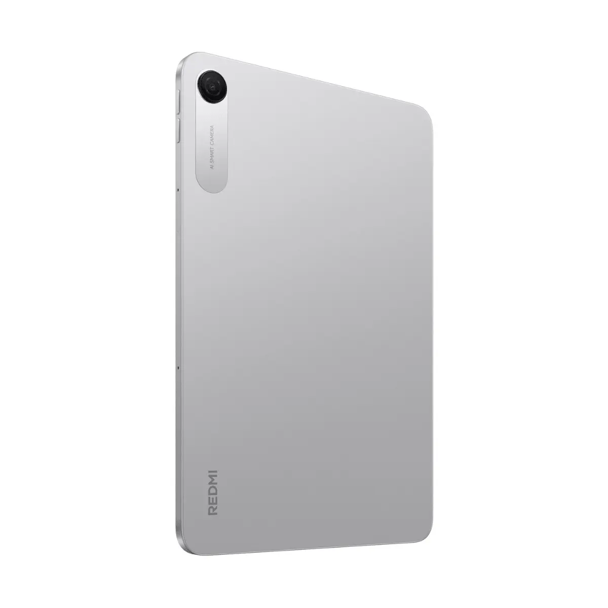 Tableta Redmi plateada, vista trasera, con cámara inteligente IA y lente única.