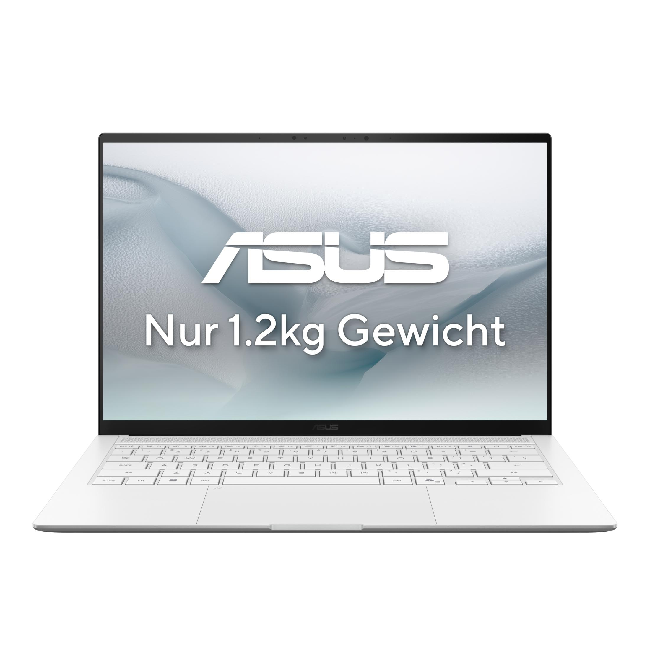 Ein weißes ASUS-Notebook mit dem Schriftzug "Nur 1.2kg Gewicht" auf dem Bildschirm.