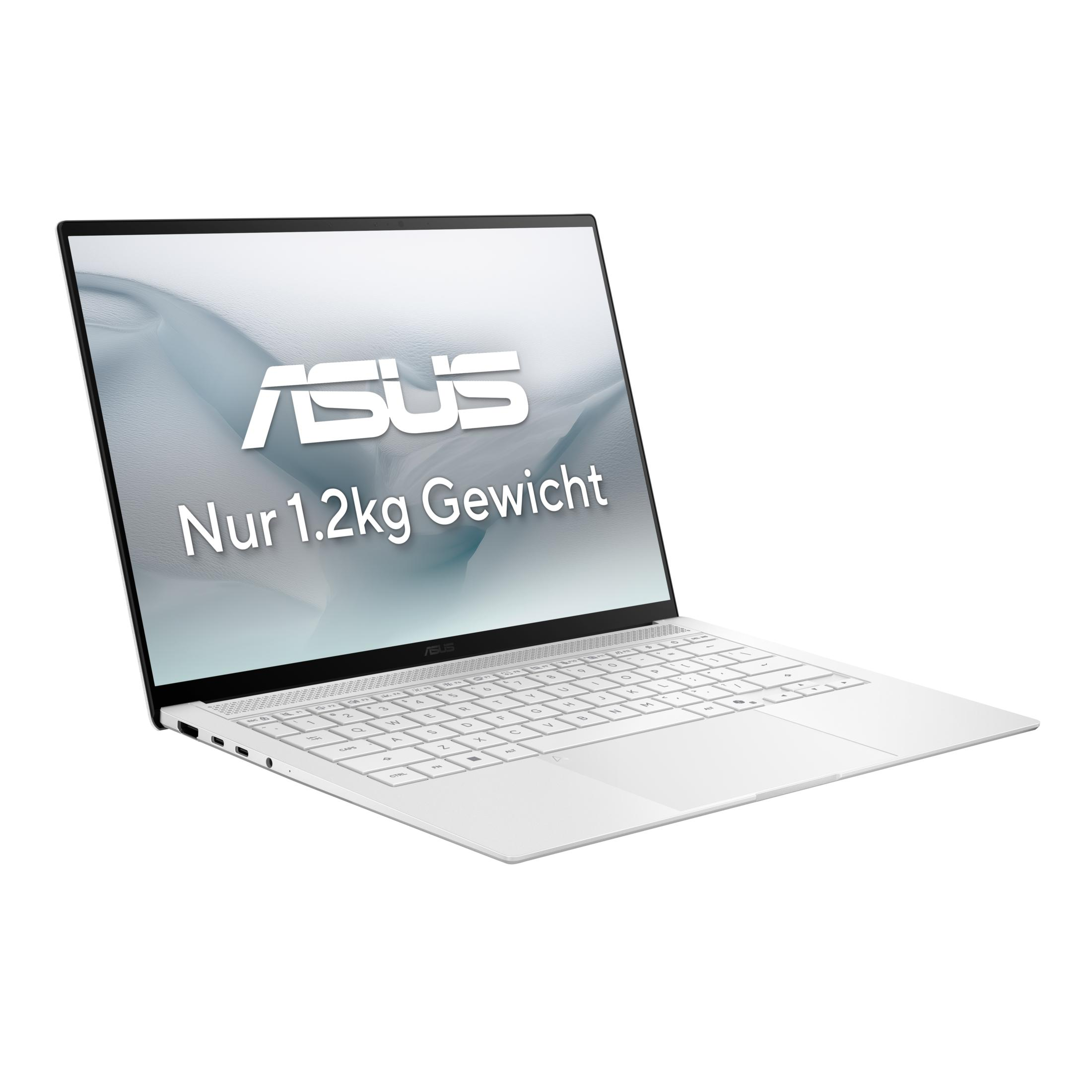 Ein weißer ASUS Laptop mit dem Text "Nur 1.2kg Gewicht" auf dem Bildschirm.