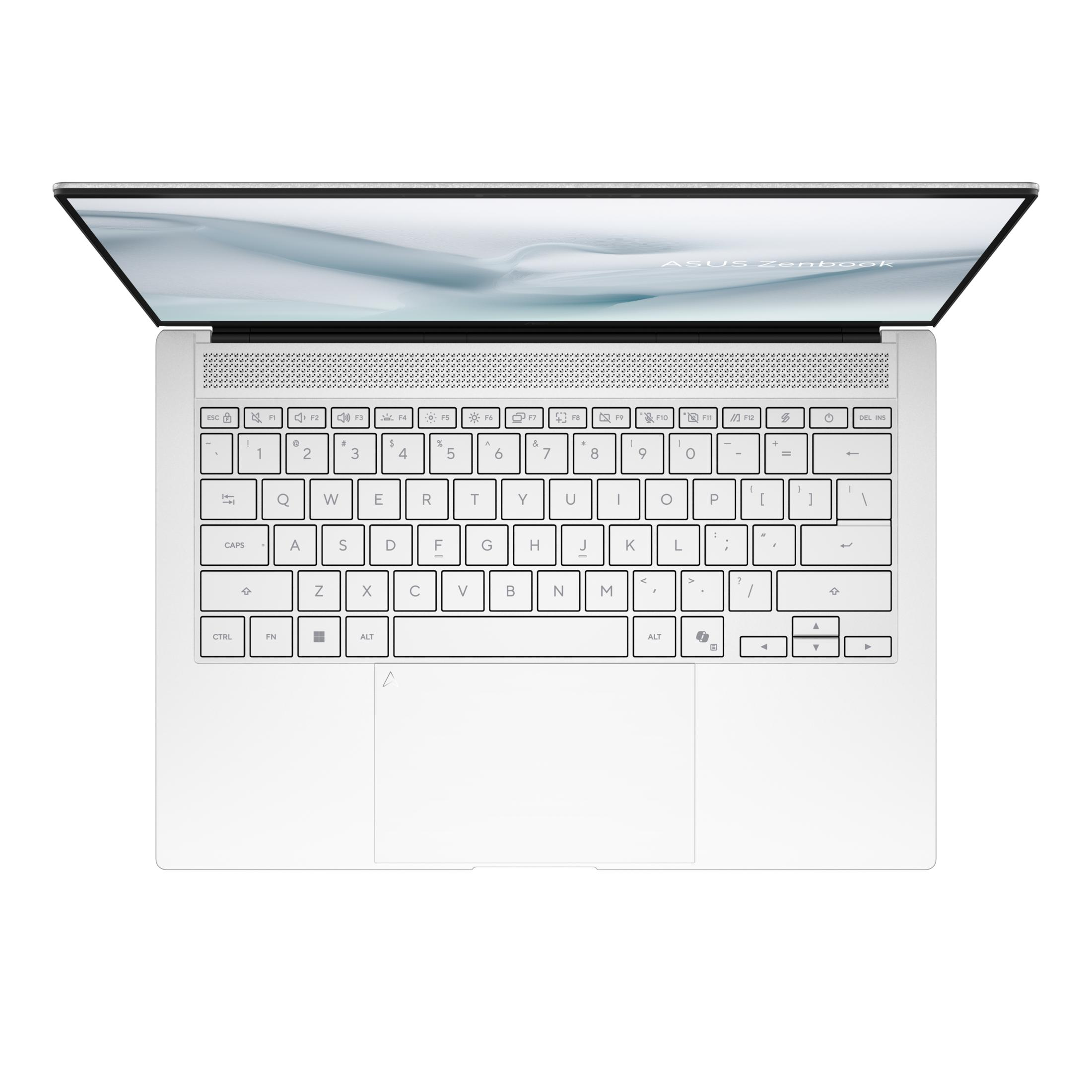 Ein offenes, silbernes Asus Zenbook Laptop mit Tastatur und Bildschirm.