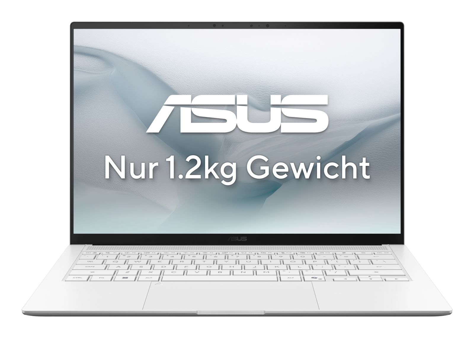 Ein weißer ASUS Laptop mit dem Schriftzug "Nur 1.2kg Gewicht".