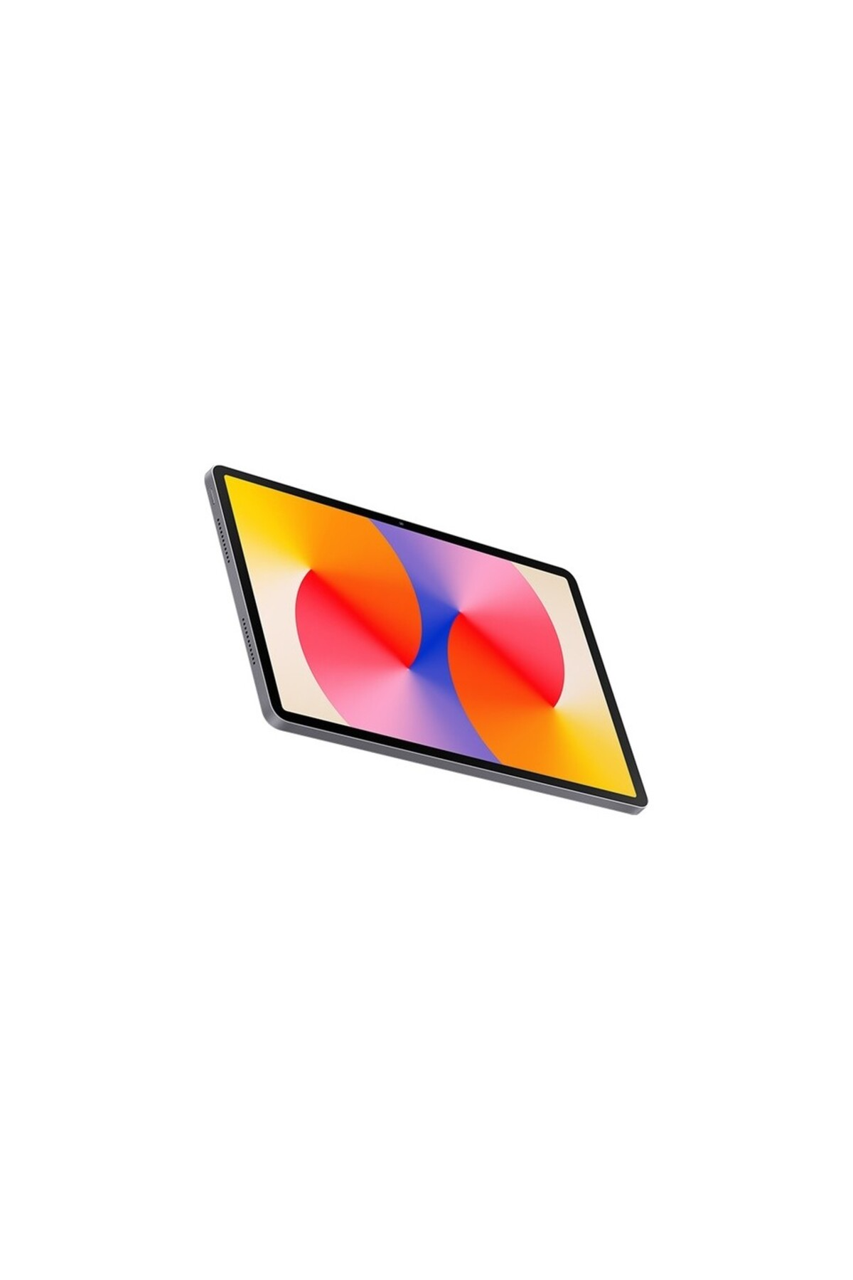 Gri bir tablet ekranında turuncu, pembe ve mavi renklerde renkli soyut bir girdap gösteriyor.