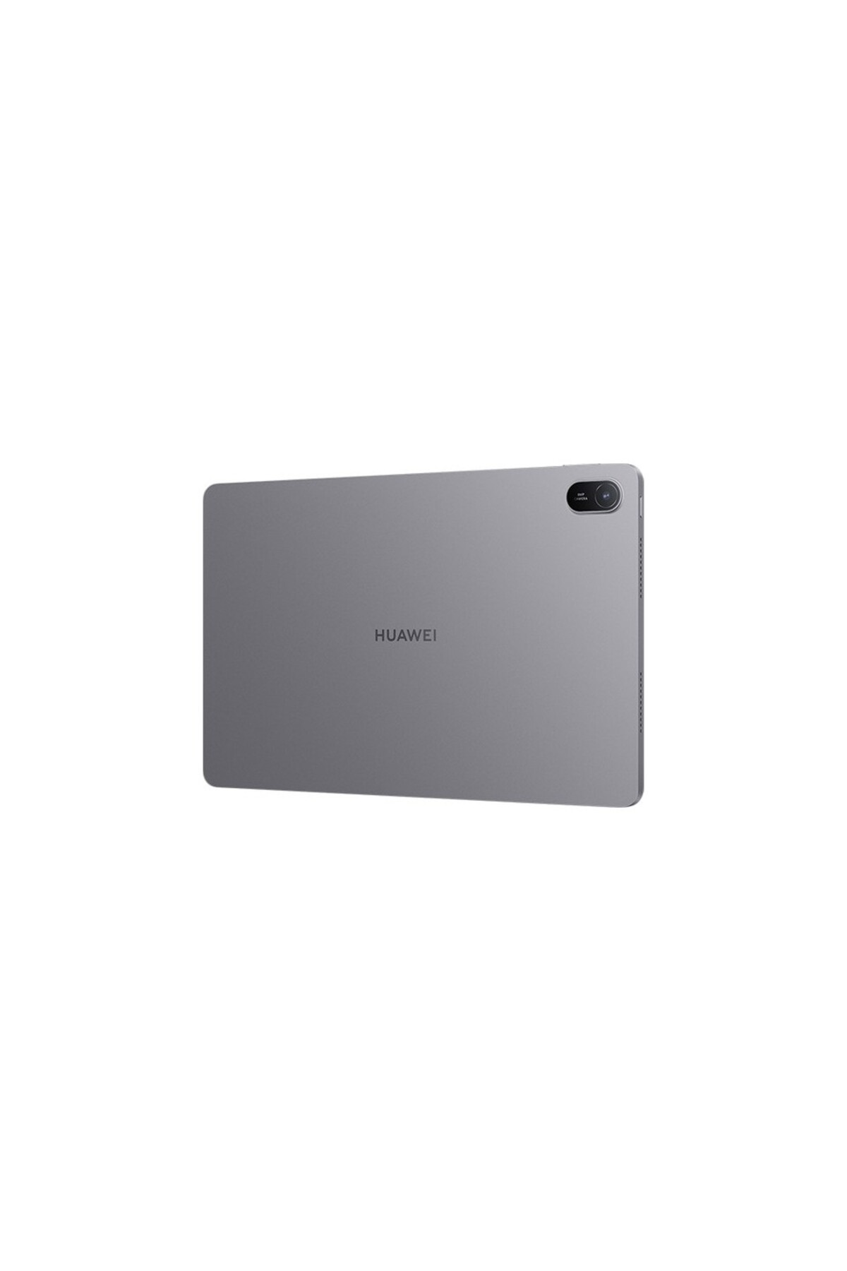Gri Huawei tablet, arka kamera ile, beyaz arka plana karşı.