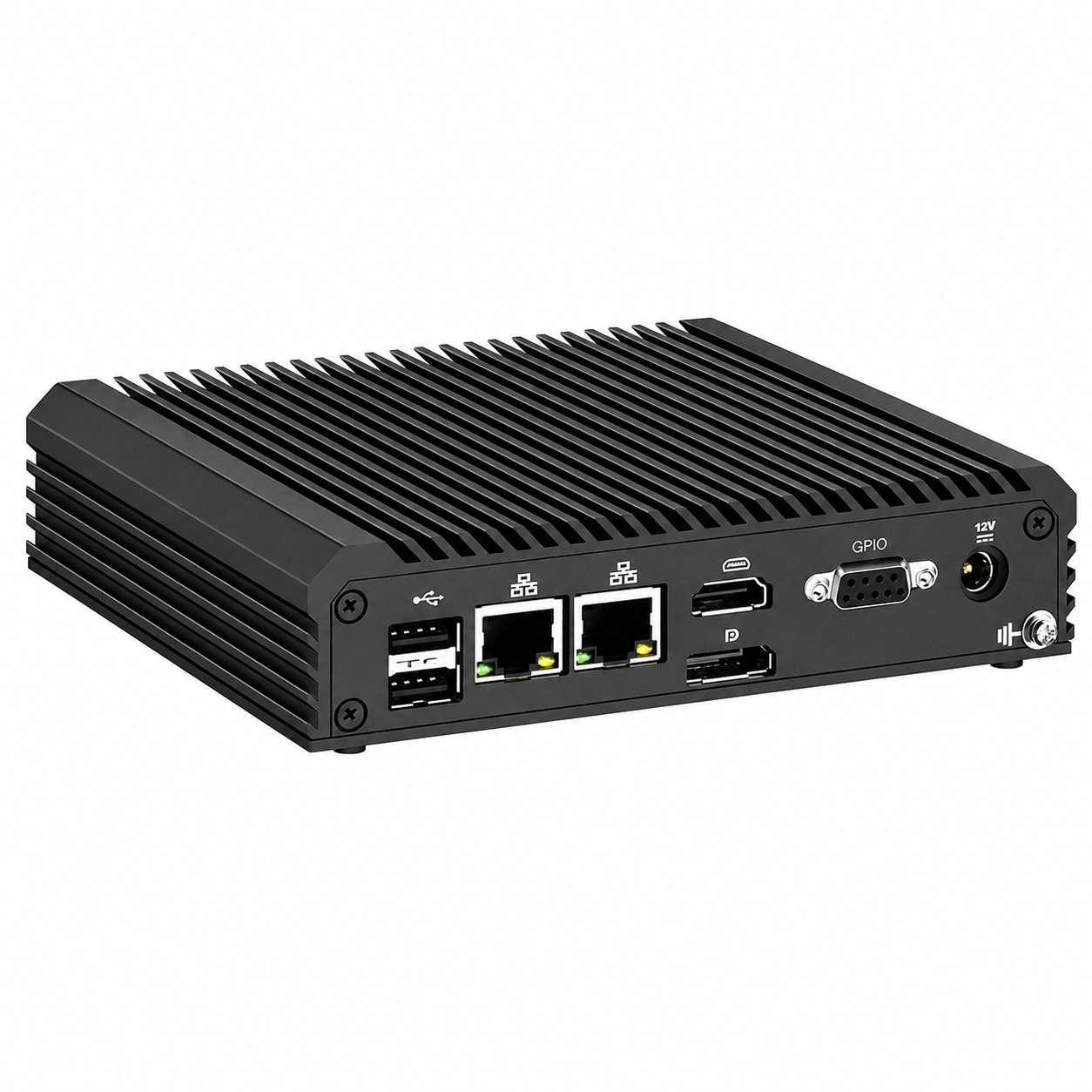 Mini PC negro con ventilación y puertos: USB, Ethernet, HDMI, GPIO, 12V.