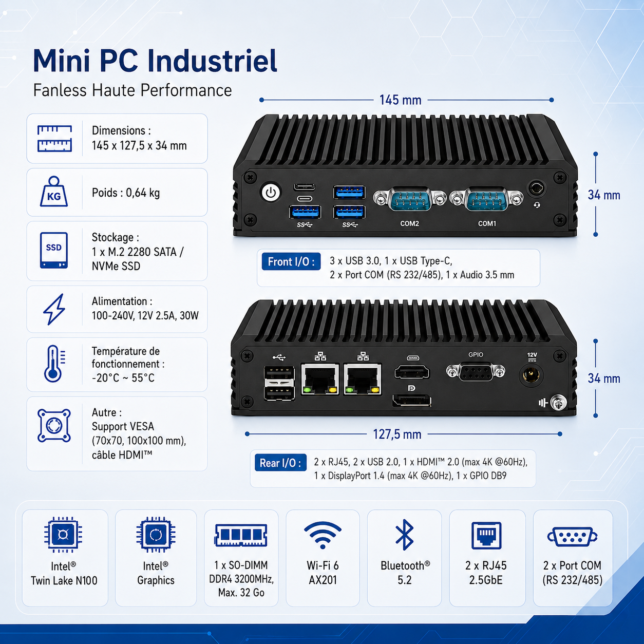 Mini PC con Intel Twin Lake N100, 3x USB 3.0, 2x COM, 1x HDMI, 1x DP.