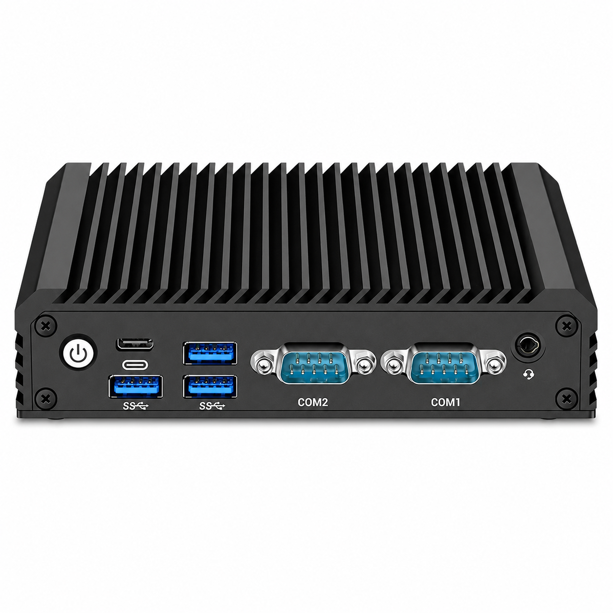 Mini PC negro con disipador de aletas, botón de encendido, USB-C, dos USB-A, COM2 y COM1.