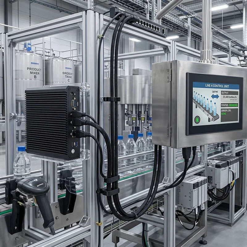 Línea de embotellado industrial con pantalla de control, ordenadores y botellas en cinta.