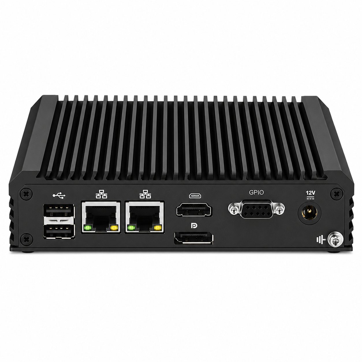 Mini PC negro con disipador de aletas, puertos USB, Ethernet, HDMI y GPIO.