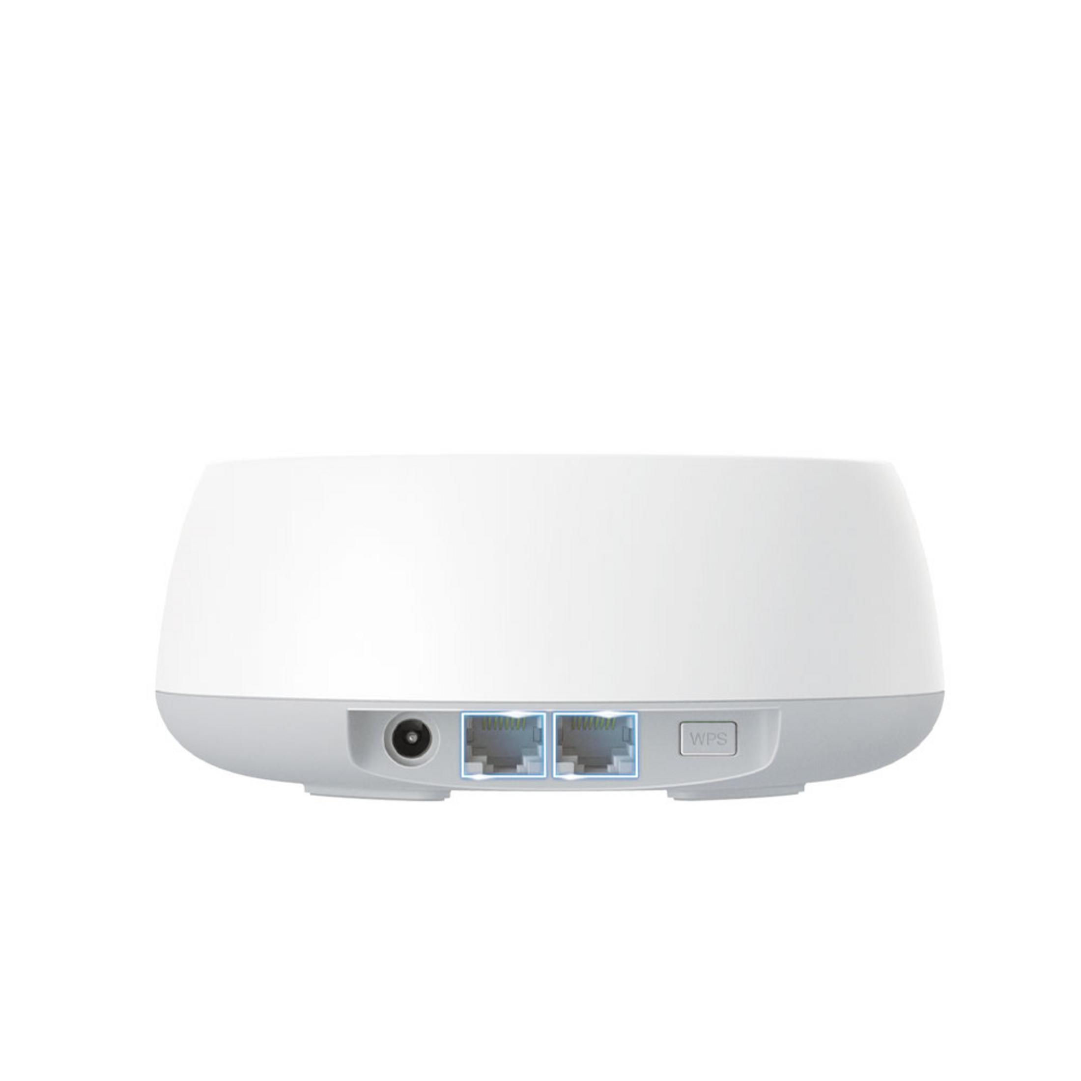 Un router blanco y gris con puertos de alimentación, Ethernet y WPS en la parte trasera.